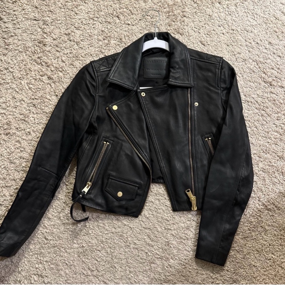 All Saints Black Leather Jacket with Gold Details